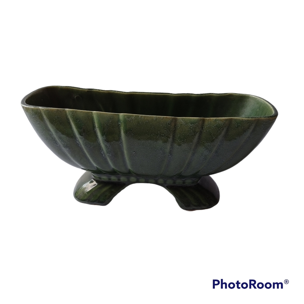 Vintage American Bisque Scalloped Avocado Green Drip Glaze MCM Pedestal Planter
